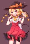  :d absurdres black_hat blonde_hair blush bow bowtie choker cowboy_shot dress fang flandre_scarlet frilled_dress frills hair_between_eyes halloween hanen_(borry) hat hat_ribbon highres jack-o'-lantern laevatein laevatein_(tail) mob_cap open_mouth orange_bow orange_ribbon puffy_short_sleeves puffy_sleeves purple_background red_bow red_dress ribbon short_sleeves side_ponytail simple_background smile solo tail touhou v-shaped_eyebrows wings witch_hat wrist_cuffs yellow_bow yellow_neckwear 