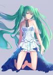  aqua_eyes barefoot dress green_hair hatsune_miku kneeling light_smile long_hair muko_(kokia38) solo twintails very_long_hair vocaloid 