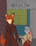  2016 anthro blush canine clothed clothing coat disney duo english_text female fox hand_holding judy_hopps lagomorph male mammal nick_wilde rabbit story story_in_description text thephantombeyond zootopia 
