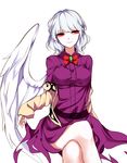  bad_id bad_pixiv_id bow bowtie brooch closed_mouth crossed_legs dress feathered_wings highres invisible_chair jacket jewelry kishin_sagume long_sleeves looking_away off_shoulder open_clothes open_jacket purple_dress red_bow red_eyes red_neckwear sheya silver_hair single_wing sitting smile solo touhou white_background white_wings wings 