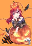  bare_shoulders bat chain collar full_body hair_between_eyes halloween hand_on_own_cheek hecatia_lapislazuli highres jack-o'-lantern long_hair long_sleeves looking_at_viewer nishiaita orange_background puffy_long_sleeves puffy_shorts puffy_sleeves pumpkin_hat red_eyes red_hair shorts signature sitting skull smile solo striped striped_legwear striped_shorts thighhighs touhou yokozuwari 