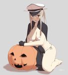  barefoot bikini black_gloves blonde_hair blue_eyes blush breasts cape cleavage full_body gloves graf_zeppelin_(kantai_collection) hair_between_eyes halloween hat kantai_collection large_breasts long_hair looking_at_viewer peaked_cap pumpkin simple_background sitting solo swimsuit thighs touyama_eight twintails white_bikini 