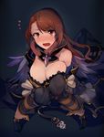  beatrix_(granblue_fantasy) blush breast_grab breasts brown_eyes brown_hair cleavage commentary dark_background dress flying_sweatdrops gloves grabbing granblue_fantasy groping highres large_breasts long_hair long_sleeves nose_blush solo strapless strapless_dress tears walzrj 