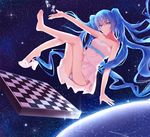  barefoot blue_eyes blue_hair chess_piece chessboard dress feet floating_hair full_body hatsune_miku long_hair looking_at_viewer muko_(kokia38) outstretched_arm panties sandals shoe_dangle shoes single_shoe solo space star_(sky) strapless strapless_dress twintails underwear very_long_hair vocaloid 