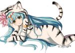  :3 animal_costume animal_print aqua_hair armlet blush cosplay costume covered_navel flower green_eyes hair_flower hair_ornament halloween kigurumi long_hair lotus lunacats lying on_side parvati_(p&amp;d) puzzle_&amp;_dragons signature simple_background solo tiger_costume tiger_print white_background 