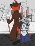  2016 anthro cane canine clothed clothing coat disney dress duo female fox hat judy_hopps lagomorph male mammal nick_wilde outside purple_eyes rabbit story story_in_description thephantombeyond tree zootopia 