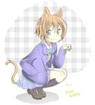  animal_ears bell black_footwear blazer blue_bow blue_neckwear bow bowtie buta_(rennto3) cat_ears cat_tail dated fang fang_out from_side full_body green_eyes hair_between_eyes hand_in_pocket happy_birthday hoshizora_rin jacket jingle_bell kemonomimi_mode kneehighs loafers long_sleeves looking_at_viewer love_live! love_live!_school_idol_project miniskirt navy_blue_legwear orange_hair paw_pose plaid plaid_background pleated_skirt shoes short_hair skirt smile solo squatting striped striped_bow striped_neckwear sweater_vest tail tail_bell 