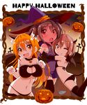  animal_ears ass bat bell bell_collar bikini black_legwear blush breasts cat_ears cat_lingerie cleavage collar collarbone demon_tail demon_wings fang gloves hair_ornament hairclip halloween happy_halloween hat hug jack-o'-lantern large_breasts long_hair meme_attire multiple_girls navel one_eye_closed open_mouth original paw_gloves paws red_eyes short_hair small_breasts smile star swimsuit tail thighhighs two_side_up wings witch_hat yasagure_yukito yellow_eyes 