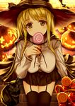  animal blonde_hair braid breasts brown_eyes candy cat food garter_straps halloween hat large_breasts lollipop long_hair morizono_shiki original pumpkin single_braid solo thighhighs witch witch_hat zettai_ryouiki 