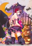  animal_ears ass back bare_shoulders bat belt black_panties blush candy cat_ears cat_tail commentary_request corset crescent_moon eyepatch food from_behind garter_straps gloves hair_between_eyes hair_ornament hair_scrunchie hayasaka_mirei highres idolmaster idolmaster_cinderella_girls jack-o'-lantern kneeling looking_at_viewer looking_back moon multicolored_hair open_mouth panties pantyshot pantyshot_(kneeling) paw_gloves paw_shoes paws purple_hair purple_legwear red_hair ribbon scrunchie shimono_(utapre) shoes short_hair short_ponytail skirt solo stuffed_toy tail tail_ribbon thighhighs two-tone_hair underwear yellow_eyes 