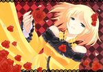  aku_no_musume_(vocaloid) blonde_hair blue_eyes dress evillious_nendaiki flower kagamine_rin muraiaria petals riliane_lucifen_d'autriche rose short_hair smile solo vocaloid yellow_dress 