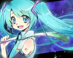  aqua_eyes aqua_hair detached_sleeves face hatsune_miku headphones headset long_hair necktie smile solo spring_onion twintails vocaloid yuh 