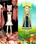  animal_ears barefoot blood cat_ears closed_eyes copyright_request cow_ears food glasses grass horns meat multiple_girls otoufu petite 