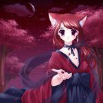  animal_ears bow cat_ears japanese_clothes kimono long_hair lowres moon nekomimi piercing red_eyes red_hair redhead 