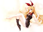  bare_shoulders barefoot blonde_hair blue_eyes copyright_request feet hair_ribbon long_hair ribbon solo thighhighs yuki_usagi 