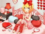  barefoot bed blonde_hair bloomers blue_eyes box candy cellphone cosmetics cup ebira_(ruvie) food hair_ornament hair_ribbon hairclip heart heart-shaped_pupils instrument kagamine_rin lamp leg_warmers mirror mug nail_polish nail_polish_bottle phone piano pillow polka_dot red_nails ribbon short_hair sitting smile solo striped striped_legwear symbol-shaped_pupils thighhighs underwear vocaloid 