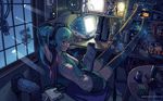  aqua_eyes aqua_hair bandaid clock computer detached_sleeves food hatsune_miku headphones highres long_hair magazine mikumix necktie popsicle rubik's_cube sitting skirt solo speaker thighhighs torn_clothes twintails vocaloid wallpaper x68000 yasumori_zen zettai_ryouiki 