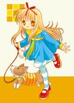  bad_id blonde_hair blush copyright_request dog full_body long_hair mary_janes red_footwear shoes solo striped striped_legwear thighhighs tokumi_yuiko yellow_eyes 