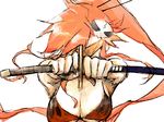  bikini_top breasts cleavage covered_face floating_hair hair_ornament hair_stick holding holding_sword holding_weapon katana long_hair moyashi_(narukami) outstretched_arms ready_to_draw red_hair sheath sheathed simple_background skull_hair_ornament solo sword tengen_toppa_gurren_lagann upper_body weapon white_background yoko_littner 
