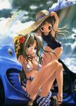  bikini breasts car glasses highres long_hair miwa_yoshikazu motor_vehicle one-piece_swimsuit school_swimsuit swimsuit vehicle 