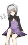  bare_legs darker_than_black dress hairband kashiwamochi_yomogi long_sleeves looking_at_viewer ponytail purple_dress purple_skirt short_hair simple_background sitting skirt solo spiked_hair white_background yin 