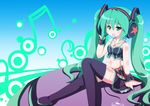  blush green_eyes green_hair hatsune_miku headphones highres long_hair navel oborotsuki_kakeru skirt smile solo thighhighs twintails very_long_hair vocaloid zettai_ryouiki 