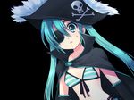  aqua_eyes aqua_hair bikini_top detached_sleeves eyepatch front-tie_top hat hatsune_miku long_hair pirate pirate_hat skull_and_crossbones solo twintails usashiro_mani vocaloid 