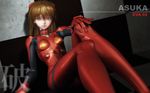  3d against_wall arm_support bad_id bad_pixiv_id bangs blue_eyes bodysuit bracer breasts brown_hair character_name checkered checkered_floor checkered_wall closed_mouth copyright_name dutch_angle evangelion:_2.0_you_can_(not)_advance foreshortening gloves hair_between_eyes hand_on_own_knee headgear knee_up legs_together light_smile long_hair looking_to_the_side marimo_(pixiv_516046) neon_genesis_evangelion on_floor pilot_suit plugsuit rebuild_of_evangelion red_bodysuit shikinami_asuka_langley shiny shiny_clothes sitting skinny small_breasts smile solo souryuu_asuka_langley straight_hair transparent turtleneck 