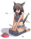  animal_ears bare_feet barefoot blue_eyes blush blushing brown_hair cat_ears cat_tail collar drool nekomimi saliva short_hair shorts tail tan tan_line tanned_skin thigh_highs thighhighs toeless_socks 