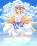  amber_eyes animal_ears blonde_hair bow dress female fox_ears foxgirl game hat kitsunemimi kyubimimi lilyran ran short_hair tail touhou water wet yakumo_ran yellow_eyes 