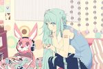  alternate_hairstyle aqua_eyes aqua_hair bunny cutting cutting_hair hatsune_miku headphones highres koyoi_mitsuki lipstick long_hair lots_of_laugh_(vocaloid) magazine makeup scissors severed_hair sitting skirt solo twintails vocaloid 