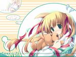  animal_ears blonde_hair blush blushing fox fox_ears green_eyes japanese_clothes kitsunemimi long_hair miko pony_tail ponytail twin_tails twintails 