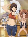  asahina_mikuru barefoot breast_squeeze breasts brown_hair highres ikeda_shouko medium_breasts multiple_girls nagato_yuki short_hair small_breasts sports_bra suzumiya_haruhi suzumiya_haruhi_no_yuuutsu wide_hips yoga 