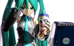  3d drink food green_eyes green_hair hatsune_miku headphones long_hair necktie redjuice tripshots twintails vocaloid 