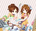  apron baking bear brown_hair cake_pan cooking food hair_ornament hirasawa_ui hirasawa_yui k-on! knife messy milk milk_carton mintchoco_(orange_shabette) mixing_bowl multiple_girls pastry_bag siblings whisk whisking 