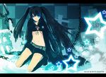  bangs belt bikini_top black_hair black_rock_shooter black_rock_shooter_(character) blue_eyes boots burning_eye chain checkered cloak coat cross flat_chest front-tie_top gloves glowing glowing_eyes hood hooded_jacket jacket knee_boots kneeling long_hair midriff navel scar short_shorts shorts solo star staring stitches twintails uneven_twintails uno_(colorbox) very_long_hair zipper 