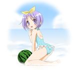 food fruit hiiragi_tsukasa holding holding_food holding_fruit lucky_star one-piece_swimsuit sinko solo swimsuit watermelon 