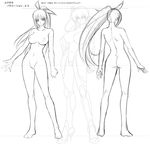  2girls ass barefoot bodysuit breasts character_request character_sheet concept_art female full_body igawa_asagi kagami_hirotaka large_breasts lilith-soft long_hair monochrome multiple_girls nude solo taimanin_asagi white_background 