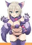  :d anastasia_(idolmaster) animal_ears bangs bare_shoulders black_panties blue_eyes blush bow breasts claw_pose claws cosplay cowboy_shot dangerous_beast detached_collar elbow_gloves eyebrows eyebrows_visible_through_hair eyelashes fang fate/grand_order fate_(series) fur fur_trim gloves groin hair_between_eyes halloween_costume heart heart-shaped_pupils idolmaster idolmaster_cinderella_girls inoshira lace lace-trimmed_thighhighs large_breasts looking_at_viewer mash_kyrielight mash_kyrielight_(cosplay) navel o-ring open_mouth palms panties pink_bow purple_gloves revealing_clothes shade short_hair silver_hair simple_background smile solo stomach symbol-shaped_pupils tail thigh_gap thighhighs twitter_username underwear white_background wolf_ears wolf_tail 
