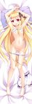  ahoge armpits arms_up blonde_hair bloomers bloomers_removed bra bra_lift character_request dakimakura flat_chest full_body highres kotetu_han long_hair lying navel niliu_chahui nipples on_back open_mouth original panties panty_pull pussy ribbon solo tokisaki_asaba two_side_up underwear white_panties 
