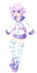  absurdres caro-xy highres neptune_(choujigen_game_neptune) neptune_(series) purple_eyes purple_hair smile solo striped striped_legwear 