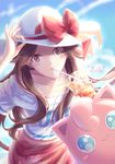  :&gt; artist_name bad_id bad_pixiv_id bare_shoulders blue_(pokemon) blue_eyes blue_sky borrowed_design bow breasts brown_eyes brown_hair character_name clothes_writing copyright_name cup day drink drinking_straw gen_1_pokemon hair_flaps hand_on_headwear hat hat_bow hat_ribbon heart heart-shaped_pupils holding ice ice_cube jigglypuff light_particles lips long_hair looking_at_viewer midriff off-shoulder_sweater off_shoulder parted_lips pokemon pokemon_(creature) pokemon_(game) pokemon_sm red_bow red_ribbon red_skirt ribbon shade shuryukan skirt sky small_breasts sun_hat sweater symbol-shaped_pupils upper_body what_if white_hat 