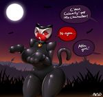  2016 anthro averyshadydolphin bat big_breasts blush breasts calamity costume dragon drooling female glowing glowing_eyes halloween hi_res holidays hypnosis looking_at_viewer mammal mind_control moon night outside red_eyes saliva solo speech_bubble thick_thighs unseen_character 