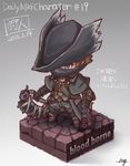  bloodborne brown_hair chibi covering_mouth faux_figurine fushigi_ebi gun hat hunter_(bloodborne) isometric male_focus purple_eyes saw_cleaver solo tricorne weapon 