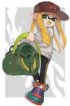  1girl :d aqua_footwear bangs baseball_cap black_pants blunt_bangs brown_hat bucket domino_mask fangs full_body green_eyes hat holding holding_bucket inkling long_hair long_sleeves looking_at_viewer maco_spl mask open_mouth orange_hair pants pointy_ears shoes single_horizontal_stripe smile sneakers solo splatoon splatoon_(series) splatoon_2 sweater teeth tentacle_hair tri_slosher_(splatoon) white_sweater 