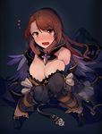  beatrix_(granblue_fantasy) blush breast_grab breasts brown_eyes brown_hair cleavage commentary_request dark_background dress flying_sweatdrops gloves grabbing granblue_fantasy groping highres large_breasts long_hair long_sleeves nose_blush solo strapless strapless_dress tears walzrj 