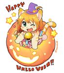  artist_request blonde_hair candy cat donut furry green_eyes halloween halloween_costume one_eye_closed open_mouth short_hair witch_hat 