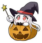  commentary covered_mouth halloween hat holding horns in_container jack-o'-lantern kantai_collection long_hair looking_at_viewer mittens northern_ocean_hime pale_skin red_eyes shinkaisei-kan simple_background solo wand white_background white_hair witch_hat yamato_nadeshiko 