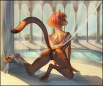  anthro bikini camel_toe clothing deadro detailed_background digitigrade feline female hair hindpaw mammal mostly_nude paws poolside realistic red_hair short_hair solo swimsuit tiger 
