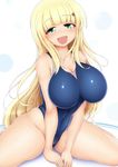  1girl bare_shoulders blonde_hair blush breasts curvy female green_eyes large_breasts long_hair looking_at_viewer ponpo senran_kagura sitting smile solo swimsuit thick_thighs yomi_(senran_kagura) 